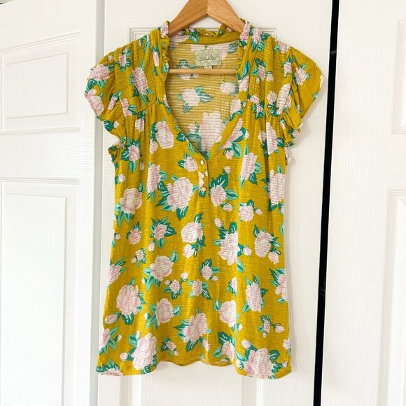 Anthropologie Deletta Mustard Floral Ruffle Sleeve Henley Top Blouse Size Small - Picture 1 of 5
